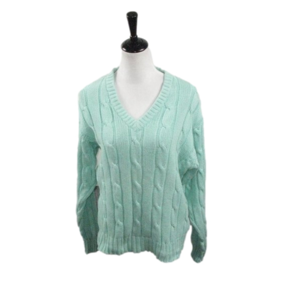 Eddie Bauer Mint Green V-Neck Cable Knit Sweater Size Small